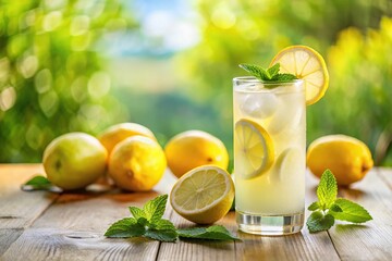 Fototapeta premium Refreshing lemonade on a table with a forced perspective view