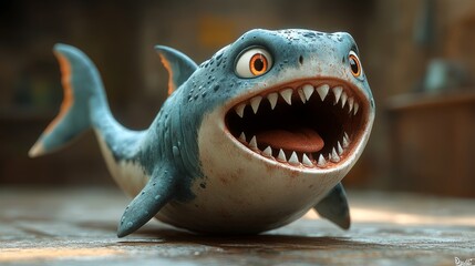 Playful, cartoon-style shark with big eyes and wide mouth, displaying a cheerful and friendly expression