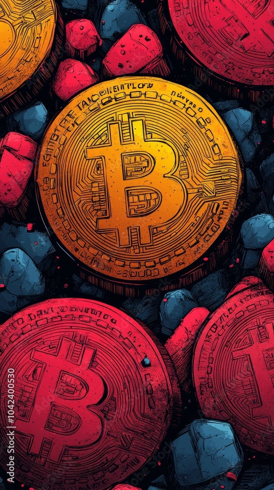 Fototapete features multiple stylized bitcoin logos on various coins, surrounded by blue and red abstract geome