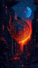 Futuristic cityscape at night with a glowing Bitcoin symbol in the center against the moon