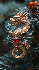 Detailed gold dragon brooch with green leaves and a large red gemstone, set against a pine branch background