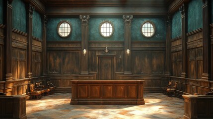 Fototapeta premium Empty, ornate courtroom with wooden benches, a central judge's desk, and large circular windows above