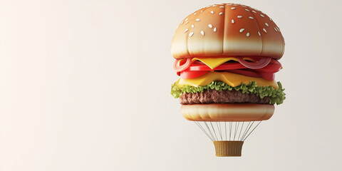 Whimsical burger hot air balloon with a basket, floating in midair.