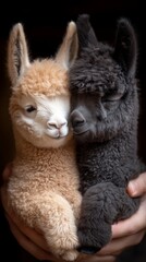 Fototapeta premium Two adorable baby alpacas, one light brown and the other dark gray, are cuddling closely in someone's gentle hands