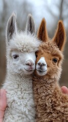 Obraz premium Two fluffy baby alpacas cuddle closely with content expressions, surrounded by soft natural light, creating an endearing and peaceful scene