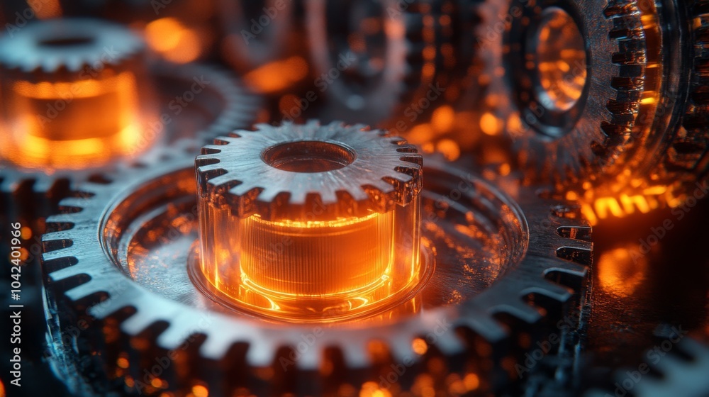 Poster In a workshop, a series of metallic gears with a warm glow demonstrates the intricate design of mechanical engineering, highlighting their functionality.