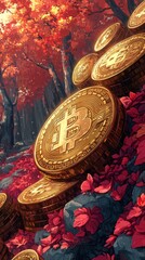 Depicts large Bitcoin coins scattered among vibrant red autumn leaves and rocks in an enchanting forest setting