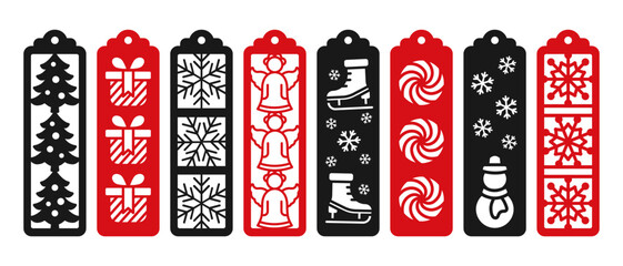 Set of winter vertical bookmark designs. Christmas laser cut template. Decorative bookmark stencil for paper, wood and metal cutting