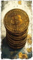 Stack of gold coins with the Bitcoin symbol, surrounded by a textured, artistic background featuring some scattered leaves