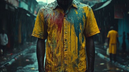Obraz premium Person stands in the rain on a street, wearing a vibrant shirt splattered with various colors, creating a striking scene