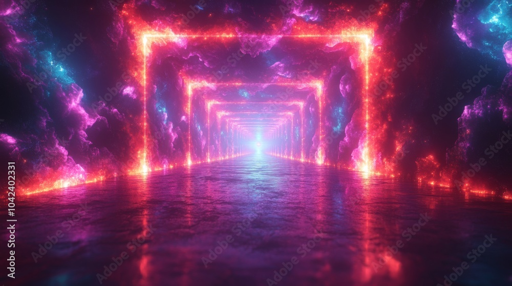 Poster a colorful tunnel stretches into the distance, surrounded by glowing clouds and radiant neon pattern