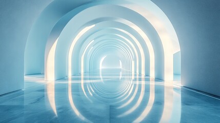 Obraz premium Surreal futuristic corridor, symmetrical arches mirrored in polished glass floors, glowing with holographic light beams, soft shadows, high-tech environment