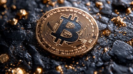 Bitcoin coin resting on a textured black surface, surrounded by small gold pieces or flakes
