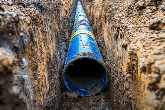 Large blue pipe in a trench. This photo can be used for construction, engineering, or utility projects.