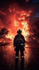 Fototapeta premium Firefighter stands facing a massive, intense blaze, with a hose in hand, surrounded by fiery trees and smoke