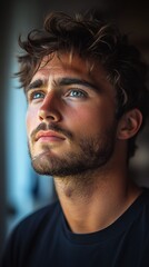 Obraz premium Person with curly hair and a beard, looking upwards with a thoughtful expression, wearing a shirt