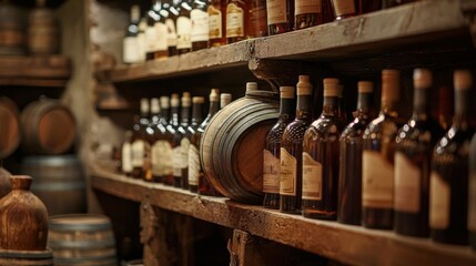 A rustic wine cellar with bottles and barrels on wooden shelves