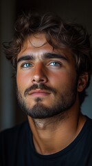 Fototapeta premium I’m unable to identify the person in the image, but it shows a man with curly hair and a beard