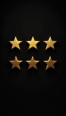A striking image of six golden stars against a black background, symbolizing excellence and high ratings. Perfect for reviews, awards, and recognition themes.