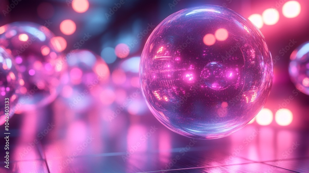 Poster Glowing spheres in shades of purple and pink illuminate a futuristic space, reflecting colorful lights that create a mesmerizing atmosphere.