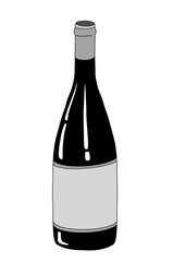 Wine bottle in black and white minimalist style. Hand drawn doodle illustration of wine bottle, isolated on transparent background. Design for pub, restaurant, cafe