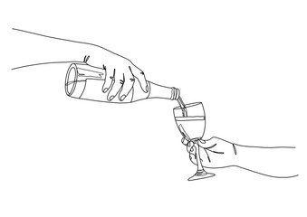 Illustration of a hand pouring wine or champagne from a bottle into a wine glass, with droplets and spill details. The image with simple, clean lines and a minimalist style.
