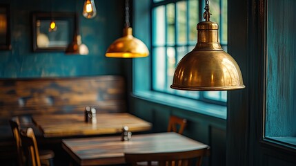 Brass pendant lamp hangs over table. This image can be used for blogs about interior design or for restaurant and cafe websites.
