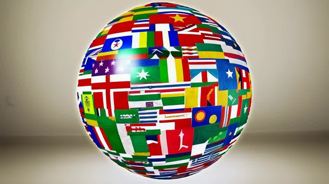Flags of world countries and in sphere globe shape on white background: England Russia Italy Spain Scotland Germany US, China Greece France Brazil Japan Canada Russia and europe, Cuba, Finland and UK.