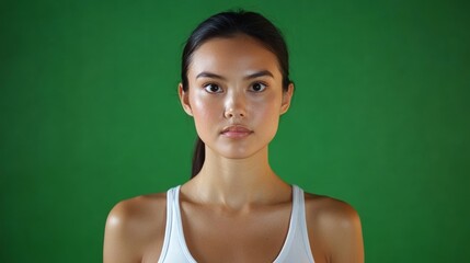 An individual with straight black hair tied back wearing a white tank top looks confidently at the camera.