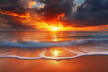 Fototapeta premium Sunset over ocean with waves. Perfect for a travel brochure or website promoting tropical getaways.