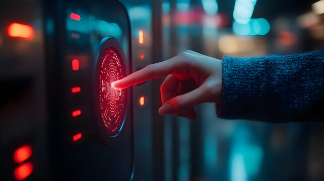 A hand pressing a glowing red sensor in a modern environment.