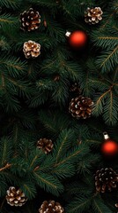 Decorative red ornaments and green pine branches create a warm, elegant backdrop perfect for holiday-themed designs and messages