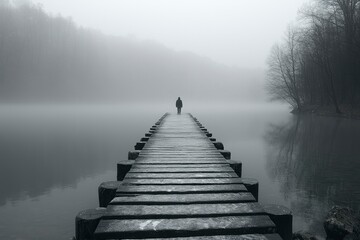 Obraz premium Solitary Figure on a Foggy Wooden Dock Extending into a Still Lake