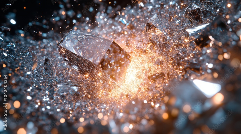 Aufkleber a burst of crystalline shards erupts into the air, reflecting light amidst a backdrop of darkness, c