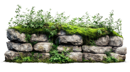 A serene scene of moss-covered stones along an ancient wall in a lush garden surrounded by trees and a gentle waterfall