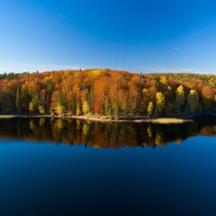Calm lake reflecting a colorful autumn forest
