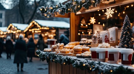 A beautifully decorated wooden stall features an assortment of cookies, cupcakes, and steaming mugs of hot cocoa, perfect for the festive season