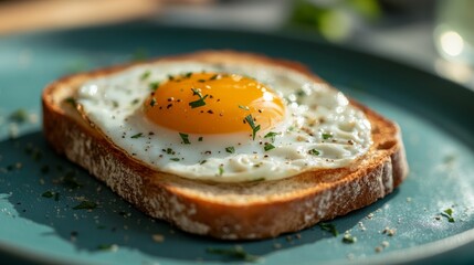A delicious, perfectly fried egg on a slice of toasted bread, garnished with herbs, presented on a stylish plate.