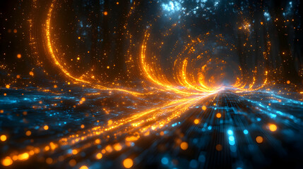 A vibrant digital tunnel with glowing particles and light trails.