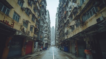 Fototapeta premium A deserted street flanked by tall, aged buildings in a dense urban environment, showcasing intricate architecture and a sense of isolation.