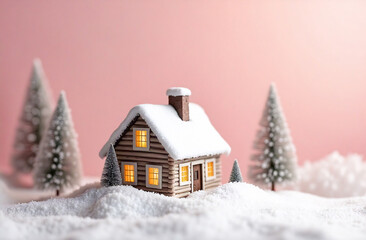 Fototapeta premium Christmas AI miniatur house and trees on the minimalistic background. 