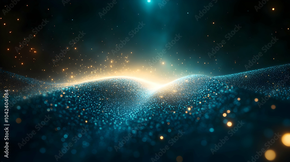 Poster Abstract digital landscape with glowing particles and waves.