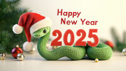 Green snake with a christmas tree. New year 2025