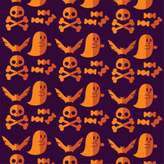 Halloween ghost, skull, and candy spooky pattern, Vector
