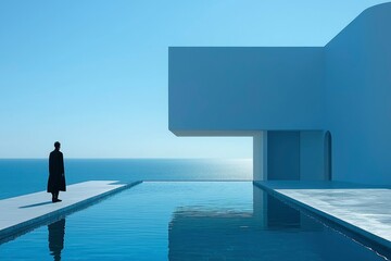 Solitary Figure Gazing at the Ocean from a Modern Villa with Infinity Pool