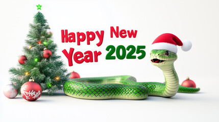 Happy new year 2025. Green snake with Santa Claus hat