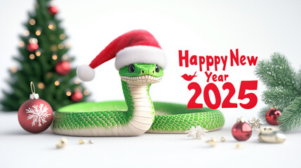 New year 2025. Green snake with Santa Claus hat