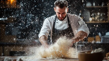 Chef kneading dough with flour flying in a dramatic kitchen scene