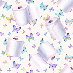 Abstract watercolor white toilet paper and butterflies background