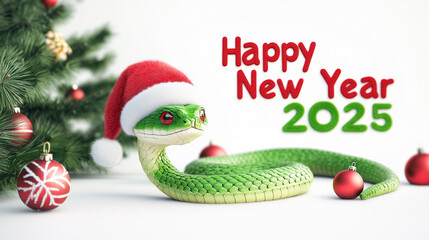 Christmas tree with green snake in Santa Claus hat